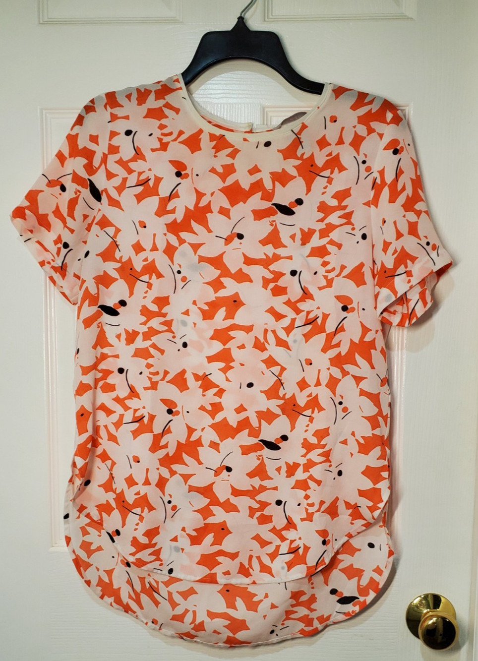 H&M Blouse Womens 6 Orange White Floral Print Sheer Short Sleeve Top